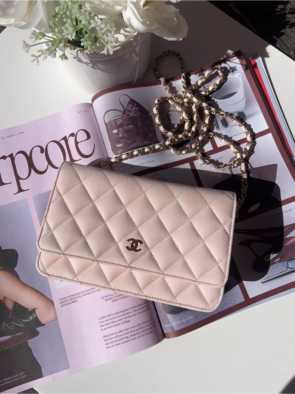 Chanel Peach Quilted Caviar Leather CC Flap Wallet on Chain